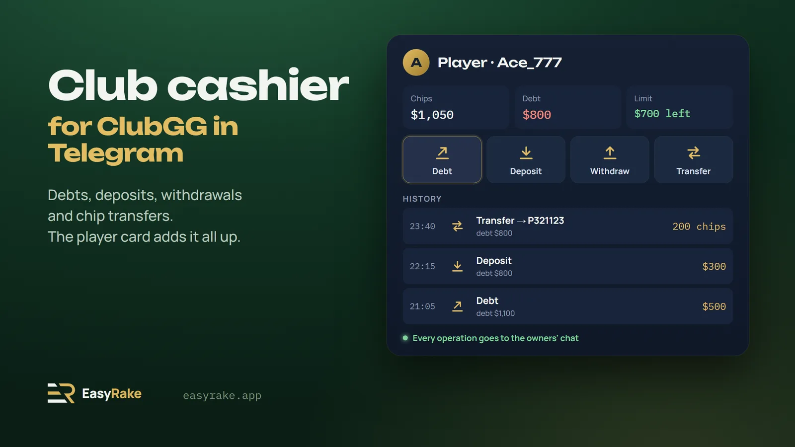Player card in the EasyRake cashier: chips, debt, limit left, four operations and the evening's history